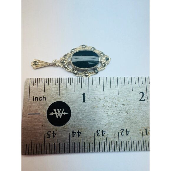 Vintage Sterling Silver 925 Marcasite Black Onyx Drop Dangle Earrings 5.2g - Picture 6 of 8